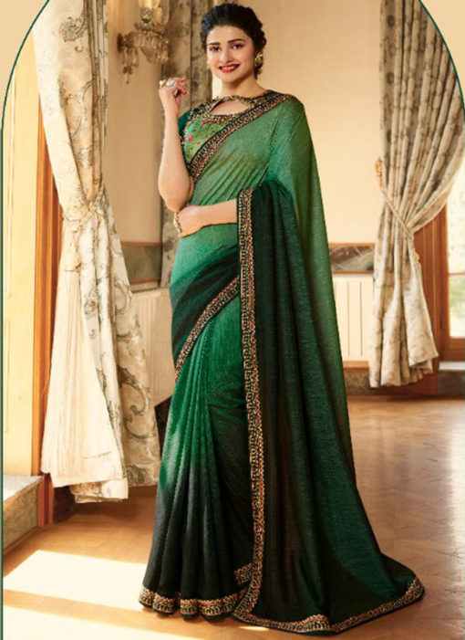 Shaded Green Satin Georgette Patch Border Party Wear Designer Saree