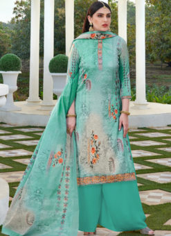 Lovely Sea Green Cotton Silk Designer Party Wear Palazzo Salwar Kameez