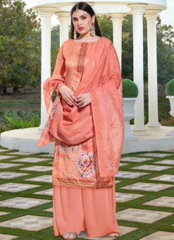 Alluring Peach Cotton Silk Designer Party Wear Palazzo Salwar Kameez