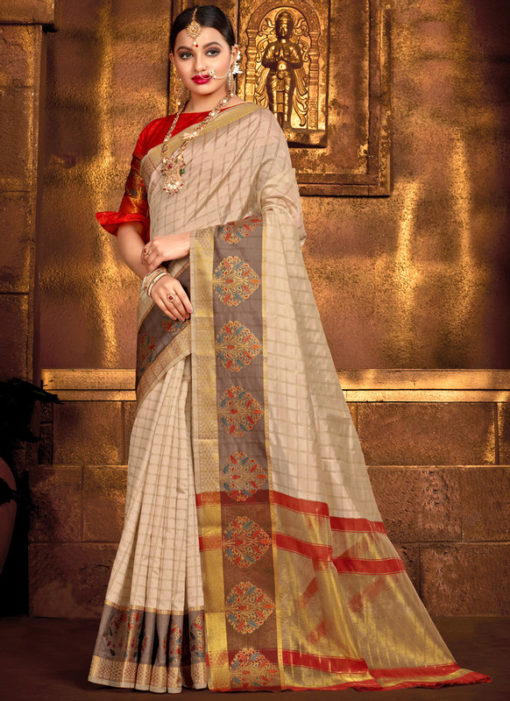 Elegant Cream Art Silk Designer Bridal Saree
