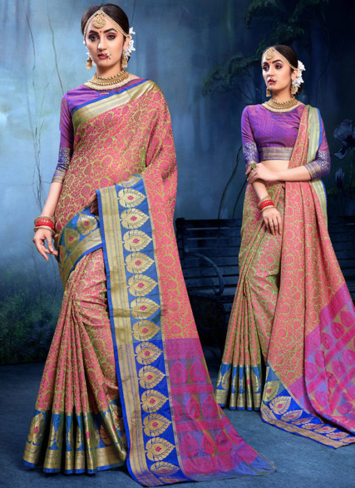 Incredible Green And Pink Cotton Silk Zari Weaving Wedding Saree