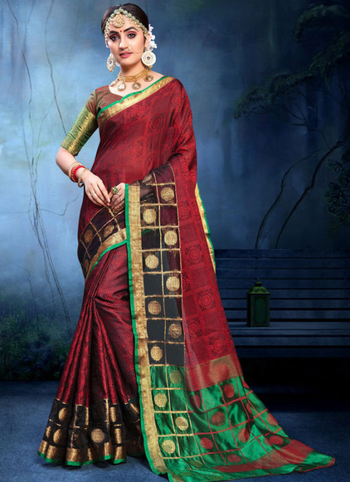 Adorable Maroon Cotton Silk Zari Weaving Wedding Saree