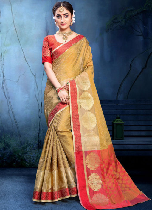 Precious Beige Cotton Silk Zari Weaving Wedding Saree