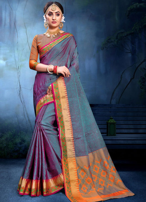 Exquisite Purple And Blue Cotton Silk Zari Weaving Wedding Saree