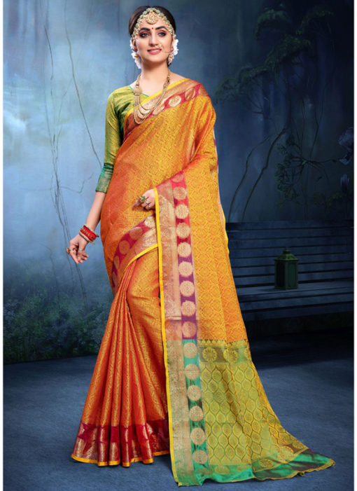 Superb Yellow And Red Cotton Silk Zari Weaving Wedding Saree