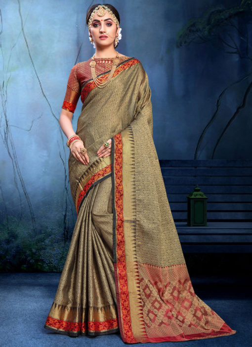 Glorious Grey And Black Cotton Silk Zari Weaving Wedding Saree