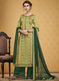 Party Wear Designer Embroidery Work Light Green Silk Palazzo Suit