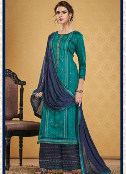Party wear Designer Embroidery And Hand Work Teal Silk  Palazzo Suit