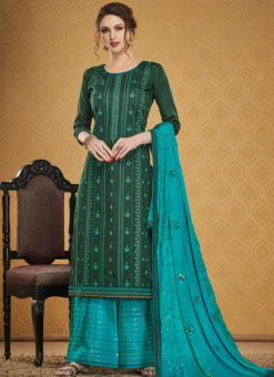 Party Wear Designer Embroidery Work Green Jam Silk Palazzo Suit
