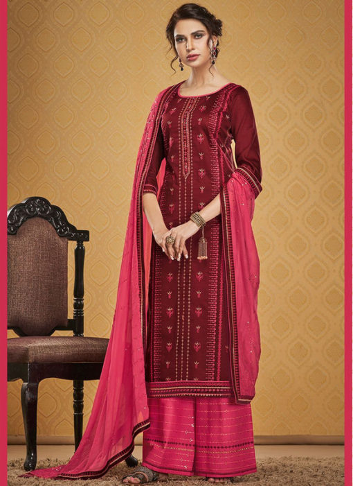 Party Wear Designer Embroidery Work Maroon Jam Silk Palazzo Suit