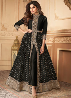 Excellent Black Georgette Wedding Embroidered Designer Anarkali Suit