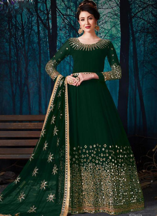 Beautiful Green Georgette Mirror Work Designer Anarkali Suit