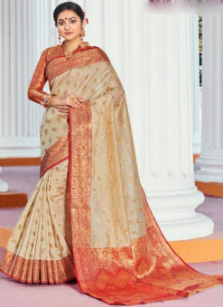 Classy Cream Handloom Silk Zari Weaving Traditional Saree