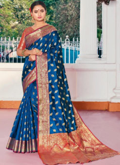 Blissful Blue Handloom Silk Zari Weaving Traditional Saree