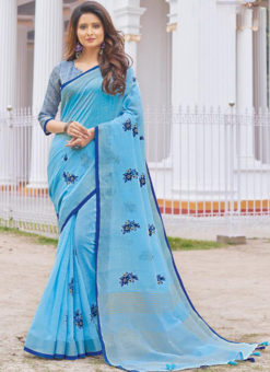 Lovely Sky Blue Linen Embroidered Work Party Wear Designer Saree