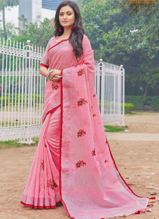 Charming Pink Linen Embroidered Work Party Wear Designer Saree
