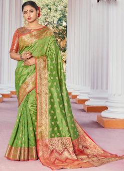 Glorious Green Handloom Silk Zari Weaving Traditional Saree