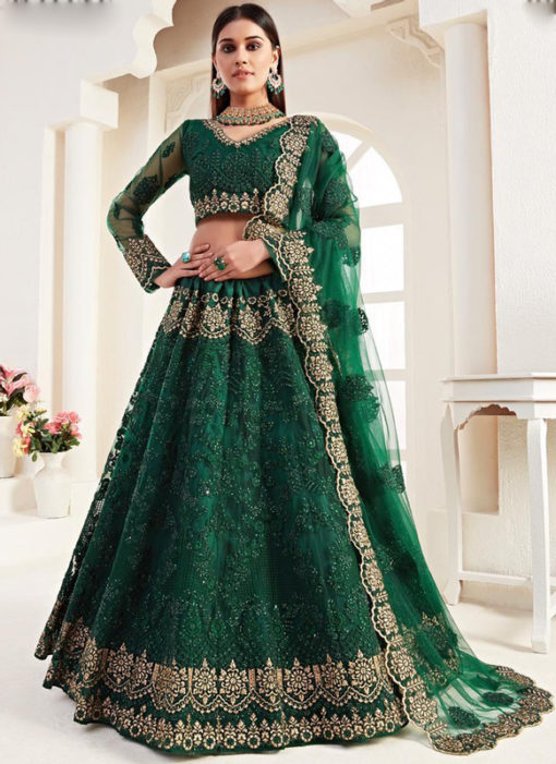Wonderful Green Net Embroidered Work Wedding Designer Lehenga Choli