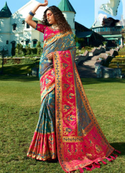 Teal Blue And Pink Banarasi Silk Designer Wedding Saree