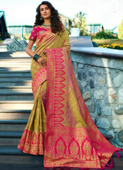 Green And Pink Banarasi Silk Designer Wedding Saree