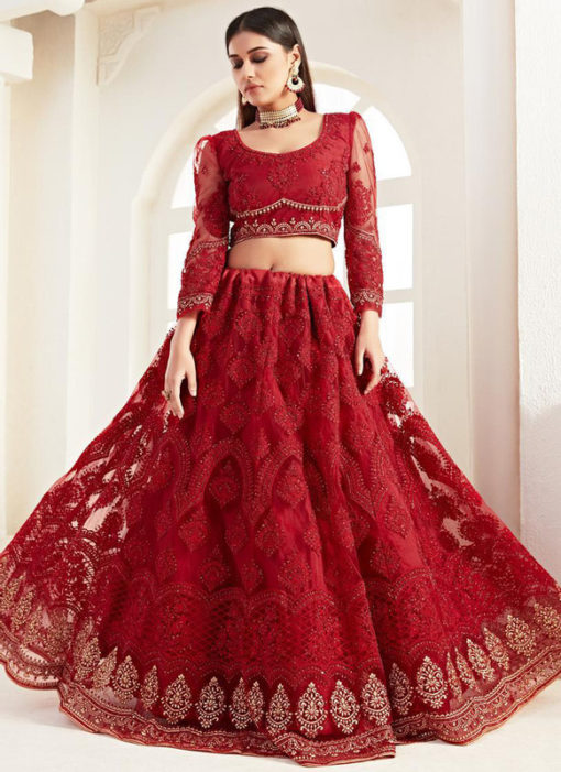 Gorgeous Red Net Embroidered Work Wedding Designer Lehenga Choli
