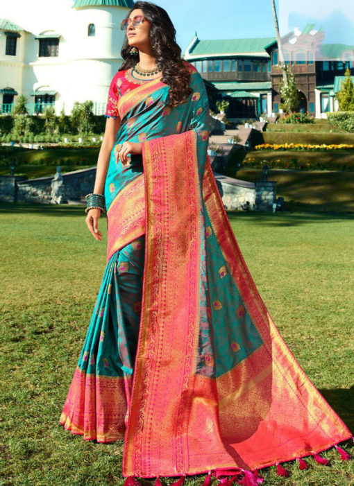 Sea  Blue And Pink Banarasi Silk Designer Wedding Saree