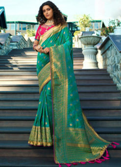Teal Blue Banarasi Silk Designer Wedding Saree
