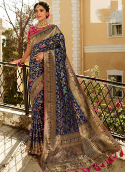 Navy Blue Banarasi Silk Designer Wedding Saree