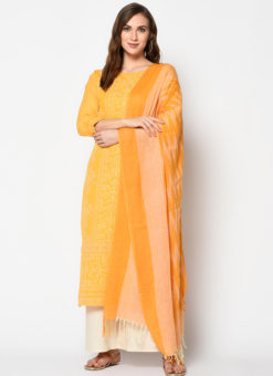 Lovely Orange Khadi Cotton Casual Wear Printed Salwar Suit