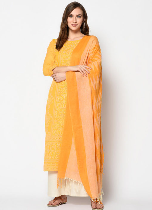 Lovely Orange Khadi Cotton Casual Wear Printed Salwar Suit