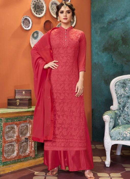 Luxurious Red Georgette Embroidered Work Designer Palazzo Suit