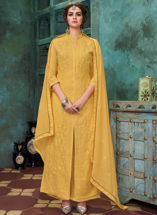 Lavish Yellow Georgette  Embroidered Work Designer Palazzo Suit