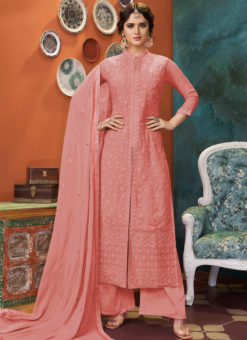 Amazing Peach Embroidered Work Georgette Designer Palazzo Suit
