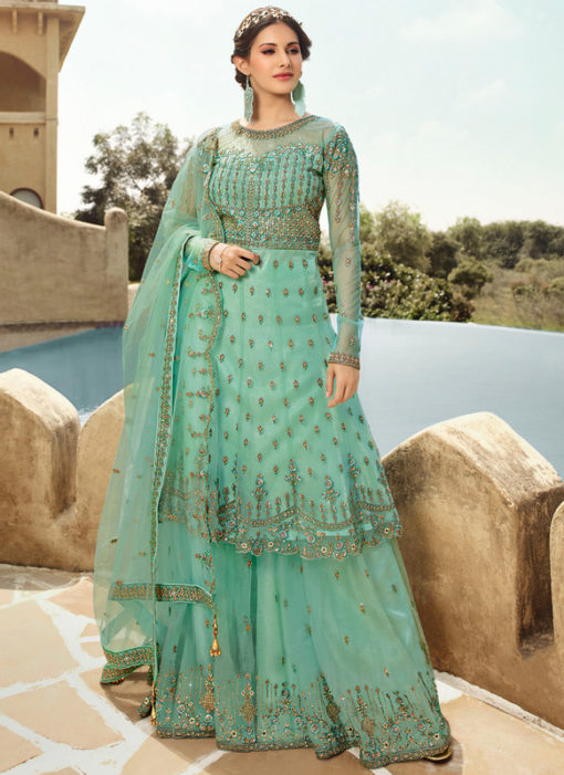 Elegant Aqua Net Embroidered Work Wedding Wear Designer Anarkali Suit