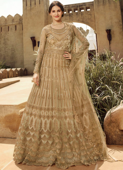 Beautiful Beige Net Embroidered Work Wedding Wear Designer Anarkali Suit