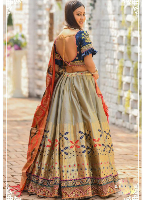 Grey Banarasi Silk Resham Work And Printed Designer Lehenga Choli