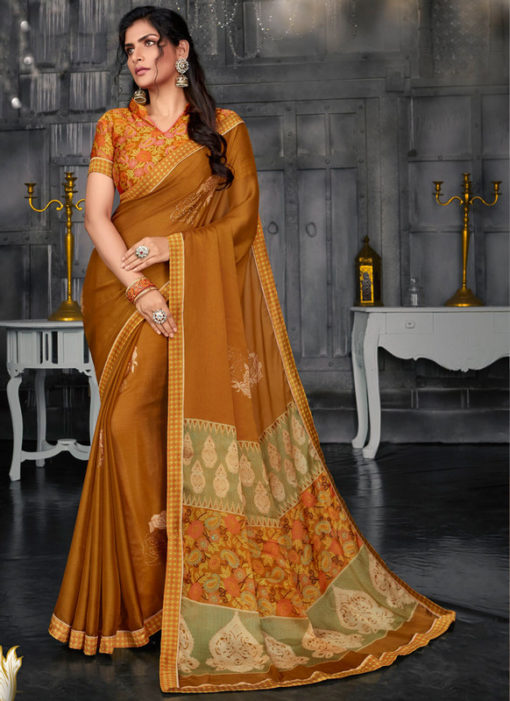 Stunning Musterd Designer Chiffon Casual Wear Printed Saree