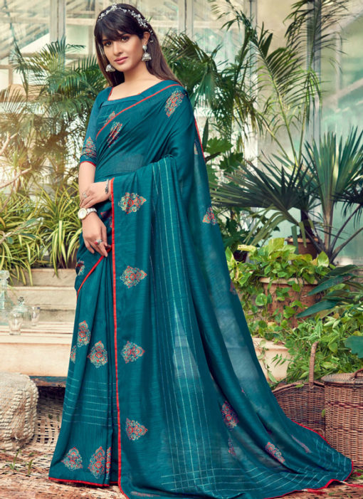 Awesome Teal Blue Designer Chanderi Silk Casual Wear Saree