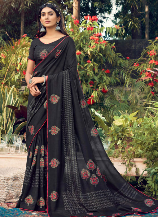 Attractive Black Designer Chanderi Silk Casual Wear Saree
