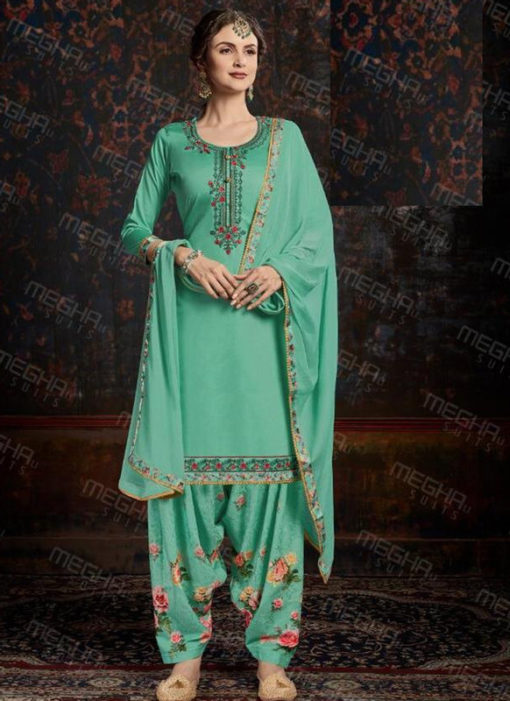 Amazing Sea Green Satin Cotton Embroidered Work Patiyala Salwar Suit