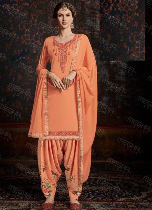 Lovely Orange Satin Cotton Embroidered Work Designer Patiyala Salwar Suit