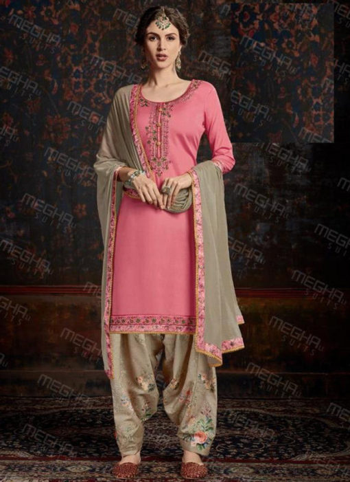 Dazzling Pink Satin Cotton Embroidered Work Designer Patiyala Salwar Suit