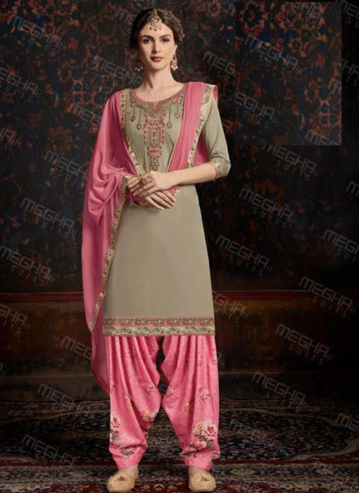 Elegant Beige Satin Cotton Embroidered Work Designer Patiyala Salwar Suit