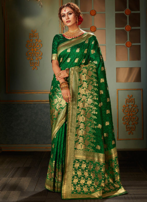 Elegant Green Banarasi Silk Zari Weaving Wedding Saree