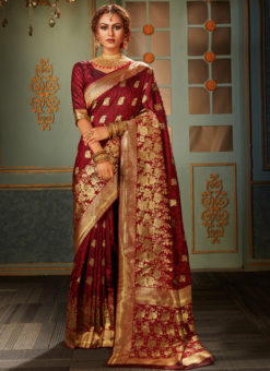 Amazing Maroon Banarasi Silk Zari Weaving Wedding Saree