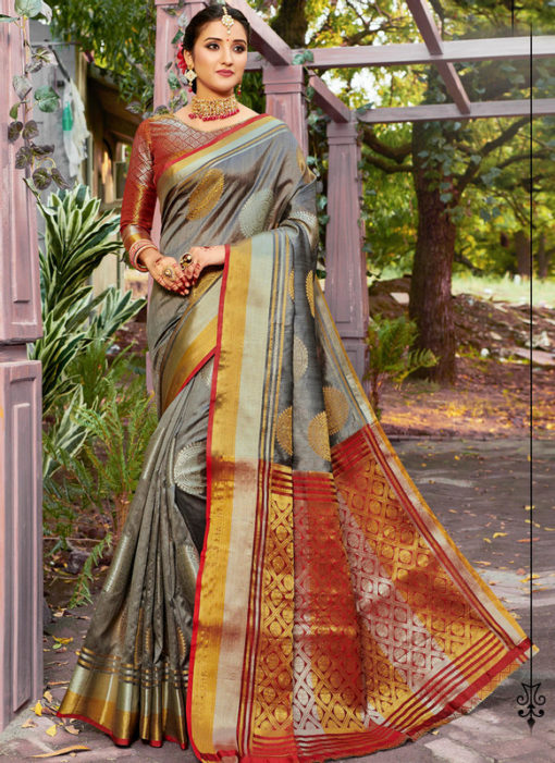 Lovely Grey Banarasi Silk Zari Weaving Traditional Saree