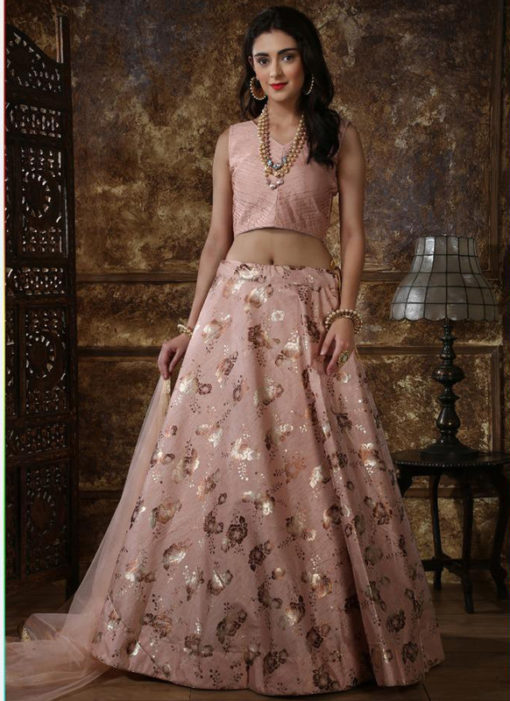 Imposing Pink Taffeta Silk Zari Print Party Wear Designer Lehenga Choli