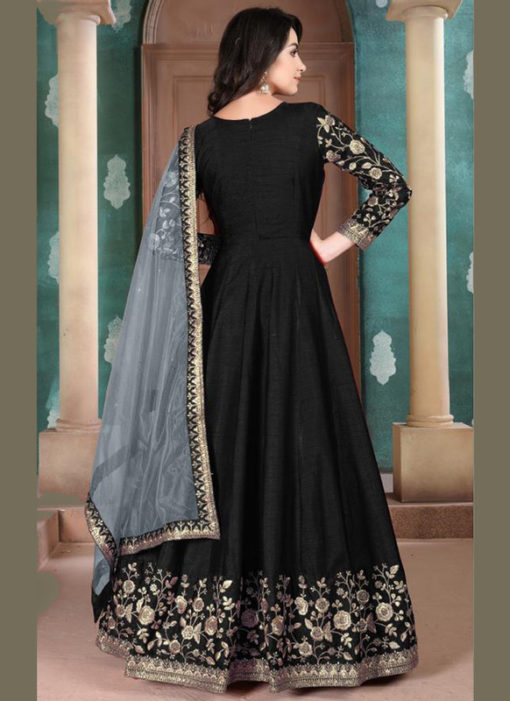 Attractive Black Silk Designer Embroidered Work Party Wear Anarkali Suit