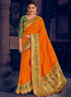 Orange Silk Jacquard Designer Wedding Saree