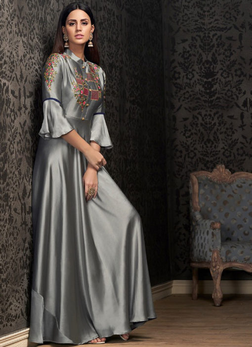 Lovely Grey Georgette Embroidered Work Party Wear Designer Gown